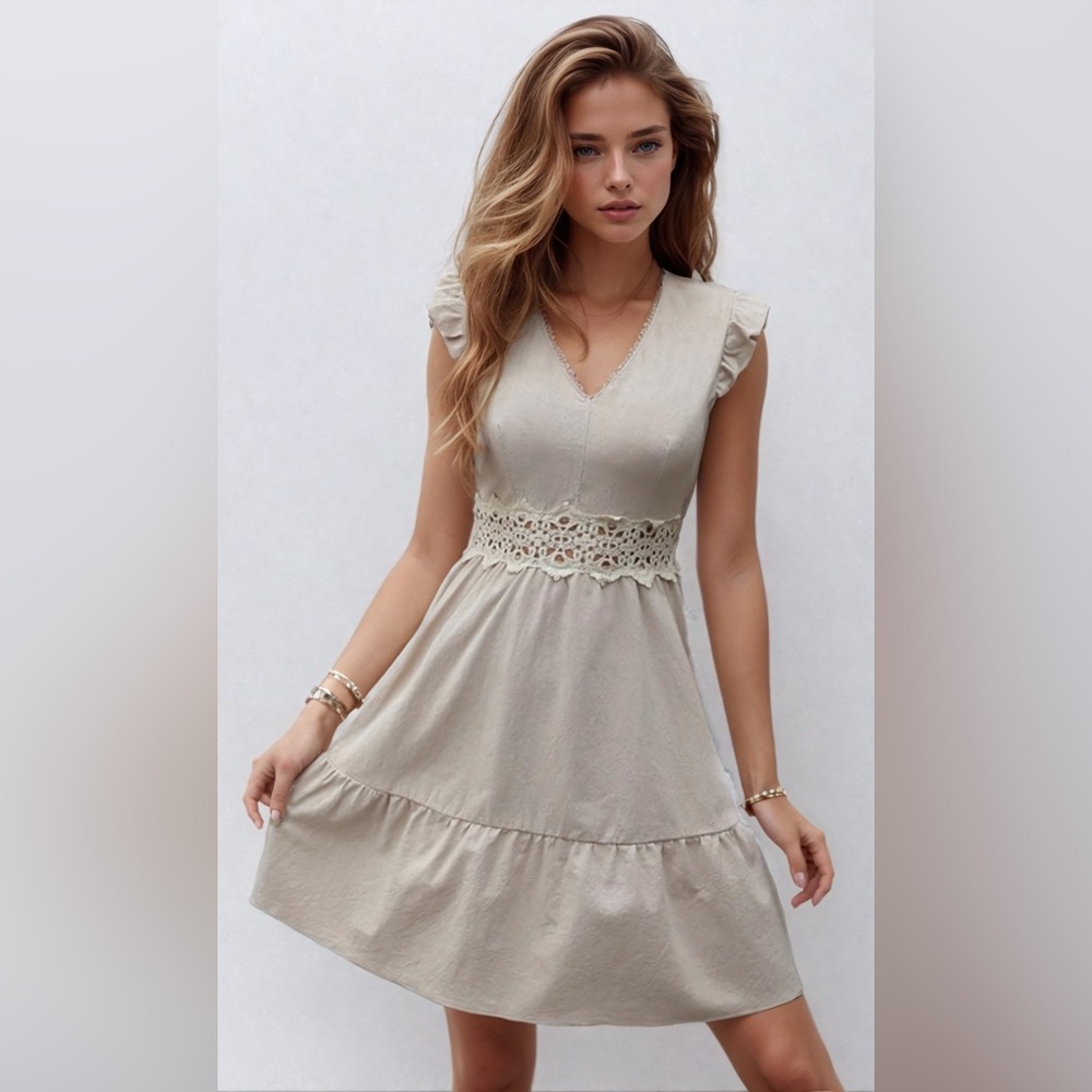 Beige Guipure Lace Insert Ruffle Hem Dress - Picture 4 of 7